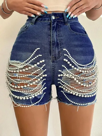 Women Fashion Sexy Handmade Bead Chain High Waist Ripped Denim Shorts