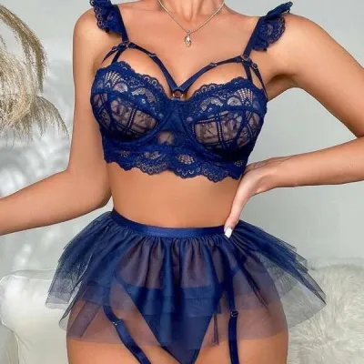 Women Sexy Lace Mesh Perspective Bra Set with Sling and Skirt Styles