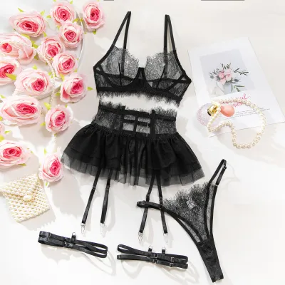 Women Fashion Solid Color Thin Lace Stitching Perspective Sexy Lingerie Four-Piece Set