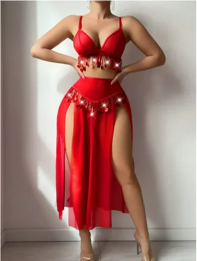 Women Fashion Solid Color Mesh Sequins Tassel Sexy Lingerie Set