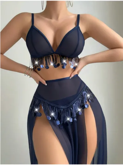 Women Fashion Solid Color Mesh Sequins Tassel Sexy Lingerie Set