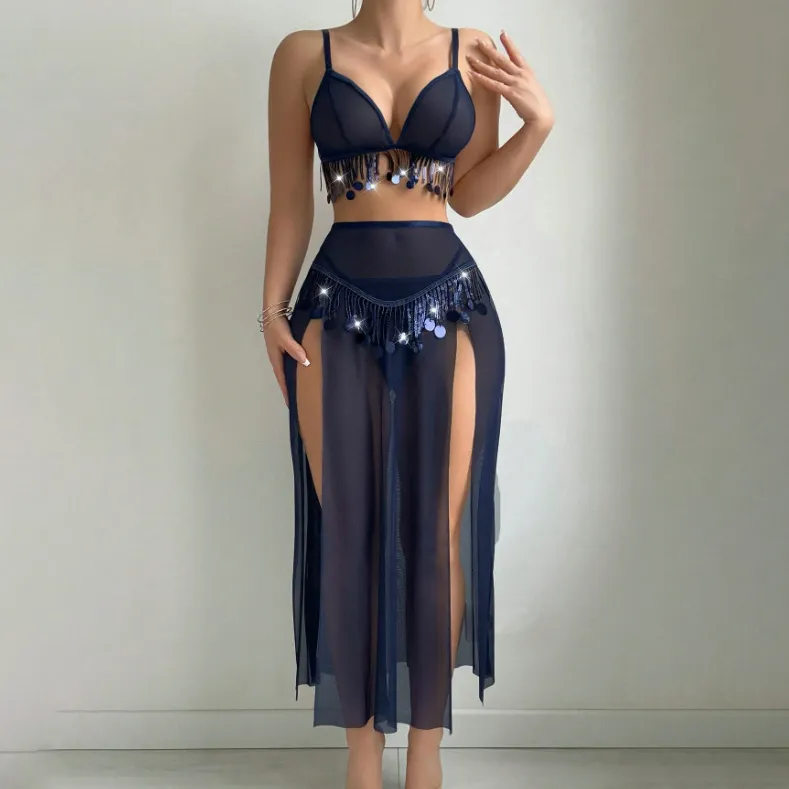 Women Fashion Solid Color Mesh Sequins Tassel Sexy Lingerie Set