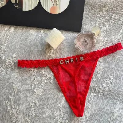 Women Sexy Solid Color Lace Metal Rhinestone Letter Thong Panties