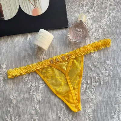 Women Sexy Solid Color Lace Metal Rhinestone Letter Thong Panties