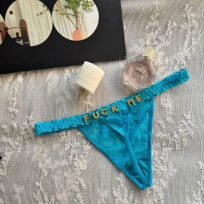 Women Sexy Solid Color Lace Metal Rhinestone Letter Thong Panties
