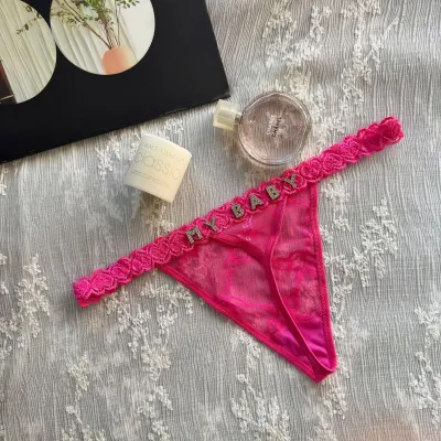 Women Sexy Solid Color Lace Metal Rhinestone Letter Thong Panties