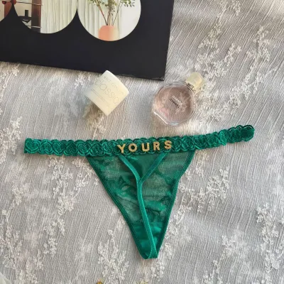 Women Sexy Solid Color Lace Metal Rhinestone Letter Thong Panties