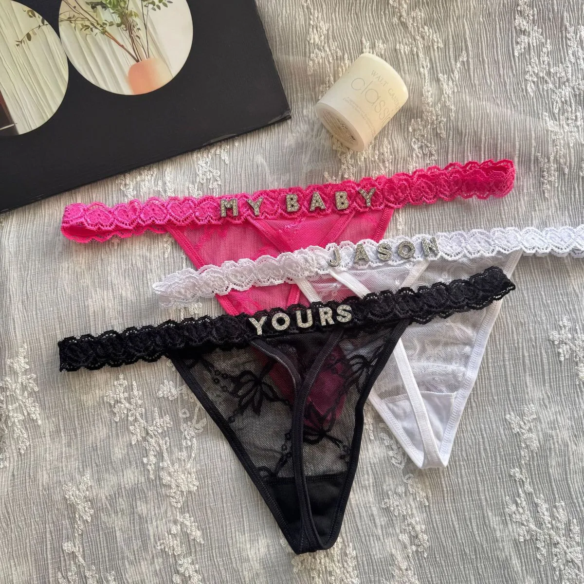 Women Sexy Solid Color Lace Metal Rhinestone Letter Thong Panties