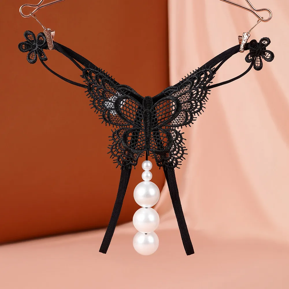 Women Fashion Sexy Lace Butterfly Pearl Thong