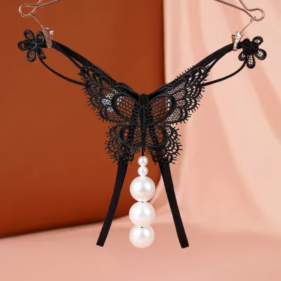 Women Fashion Sexy Lace Butterfly Pearl Thong