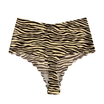 Women Fashion Solid Color Zebra Print Breathable High Waist Traceless Thong