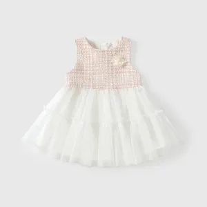 Kids Baby Girl'S Fashion Elegant Mesh Stitching Sleeveless Dress Solid Color Single-Breasted