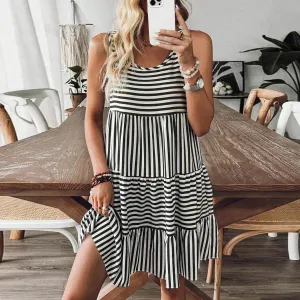 Women Summer Casual Stripe Print Round Neck Loose Vest Dress