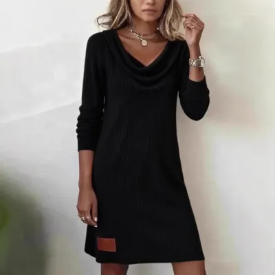 Women Casual Long Sleeve Stack Collar Knitted Dress