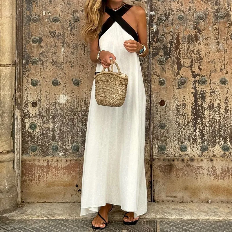Women Casual Off-Shoulder Loose-Fit Cotton-Linen Midi Dress