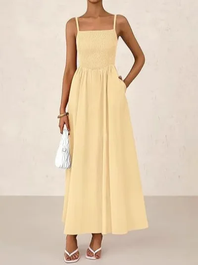 Women Casual Solid Color Maxi Sundress with Spliced Design