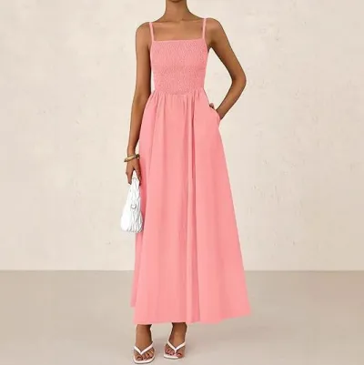 Women Casual Solid Color Maxi Sundress with Spliced Design