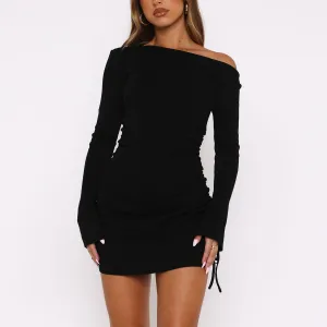 Women Elegant Long Sleeve Drawstring Solid Color Bodycon Mini Dress