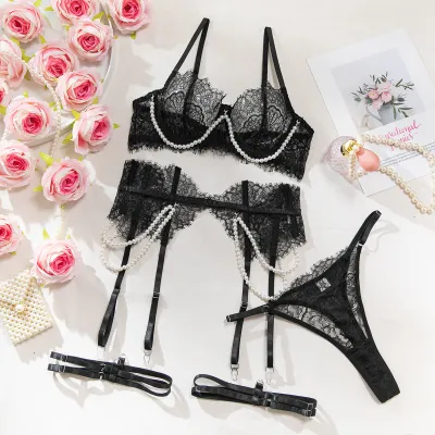 Women Fashion Solid Color Lace Hollow Perspective Fishbone Pearl Detachable Sexy Lingerie Four-Piece Set