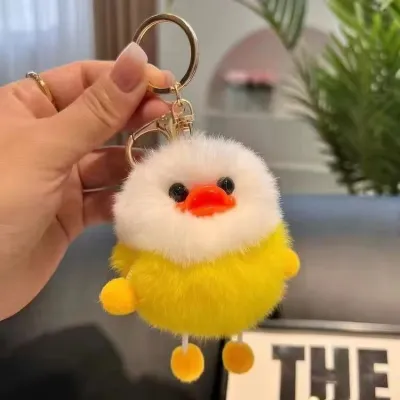 Women Fashion Cute Imitation Rabbit Fur Yellow Duck Car Bag Plush Keychain