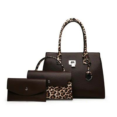 Women Fashion Casual Leopard Stitching Large Capacity Handbag Three-Piece Set