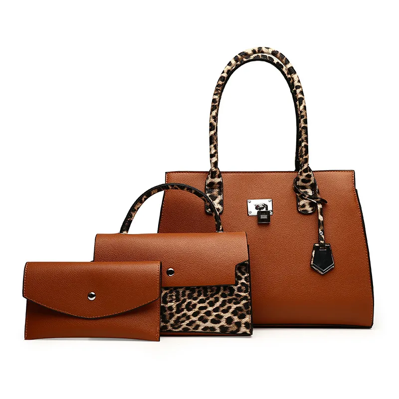 Women Fashion Casual Leopard Stitching Large Capacity Handbag Three-Piece Set