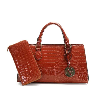 Women Fashion Casual Solid Color Crocodile Pattern Handbag Two-Piece Bag Set