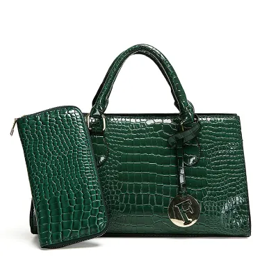 Women Fashion Casual Solid Color Crocodile Pattern Handbag Two-Piece Bag Set