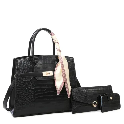 Women Fashion Casual Solid Crocodile Pattern Large Capacity PU Silk Scarf Handbag Three-Piece Bag Set