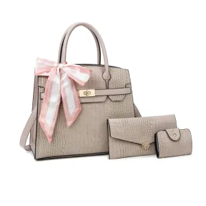 Women Fashion Casual Solid Crocodile Pattern Large Capacity PU Silk Scarf Handbag Three-Piece Bag Set