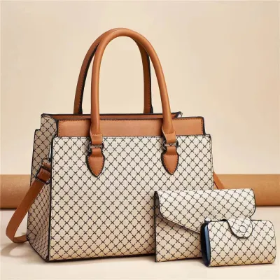 Women Fashion Casual Large Capacity Color Contrast Printed PU Hand Bag Three-Piece Bag Set