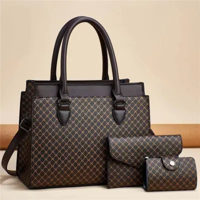 Women Fashion Casual Large Capacity Color Contrast Printed PU Hand Bag Three-Piece Bag Set