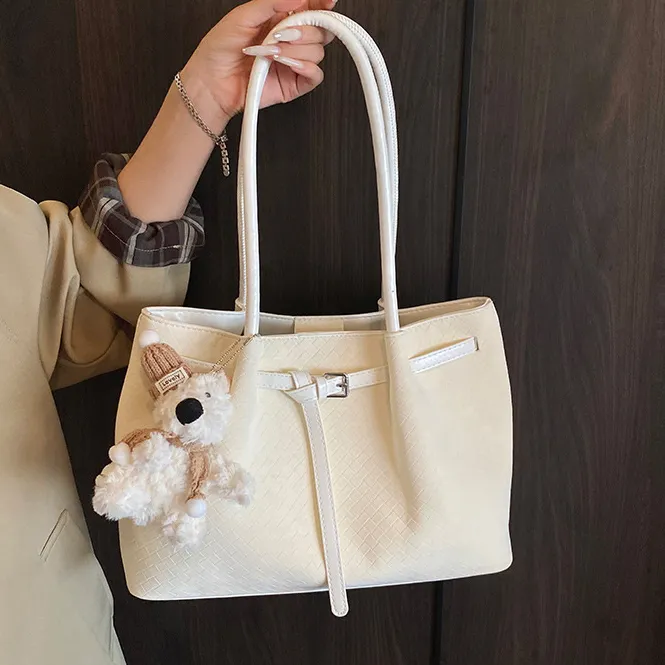 Women Fashion Casual Solid Color Woven Pendant PU Shoulder Bag with Magnetic Buckle