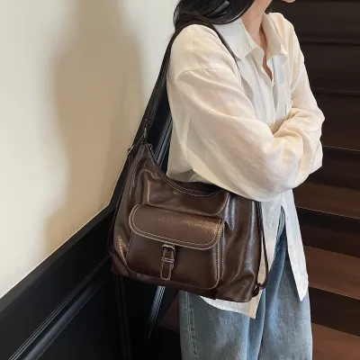 Women Fashion Retro Casual Solid Color Large Capacity Multifunctional PU Shoulder Bag