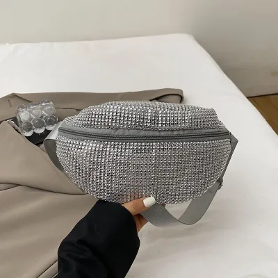 Women Fashion Rhinestone Waist Bag Soft PU Zipper Casual Chest Bag Bags 15x9x26cm