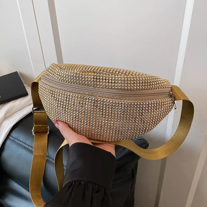 Women Fashion Rhinestone Waist Bag Soft PU Zipper Casual Chest Bag Bags 15x9x26cm