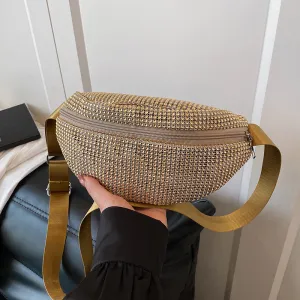 Women Fashion Rhinestone Waist Bag Soft PU Zipper Casual Chest Bag Bags 15x9x26cm