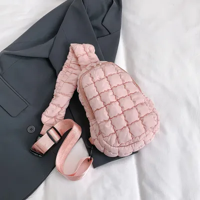 Women Fashion Casual Solid Color Rhombic Pleated Nylon Large Capacity Chest Bag