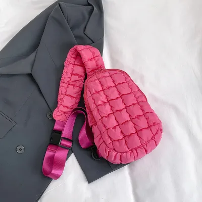 Women Fashion Casual Solid Color Rhombic Pleated Nylon Large Capacity Chest Bag