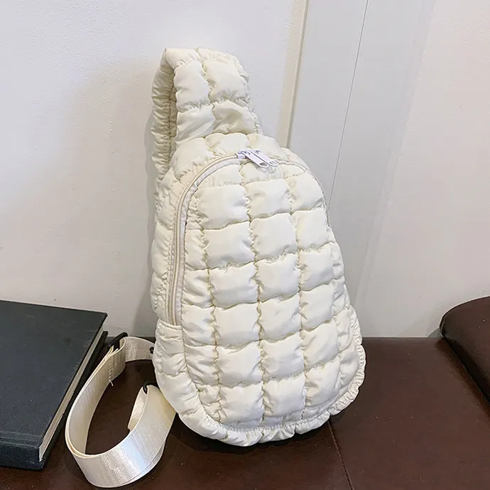 Women Fashion Casual Solid Color Rhombic Pleated Nylon Large Capacity Chest Bag