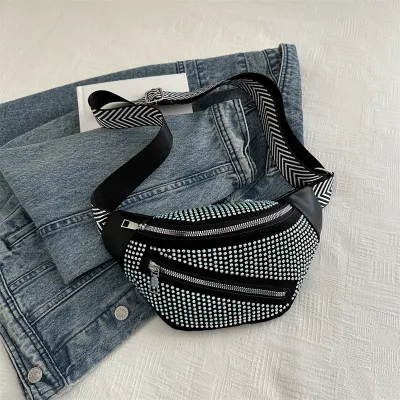 Women Fashion Casual Rhinestone Wide Shoulder Strap Chest Bag