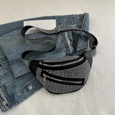 Women Fashion Casual Rhinestone Wide Shoulder Strap Chest Bag
