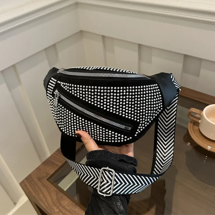 Women Fashion Casual Rhinestone Wide Shoulder Strap Chest Bag