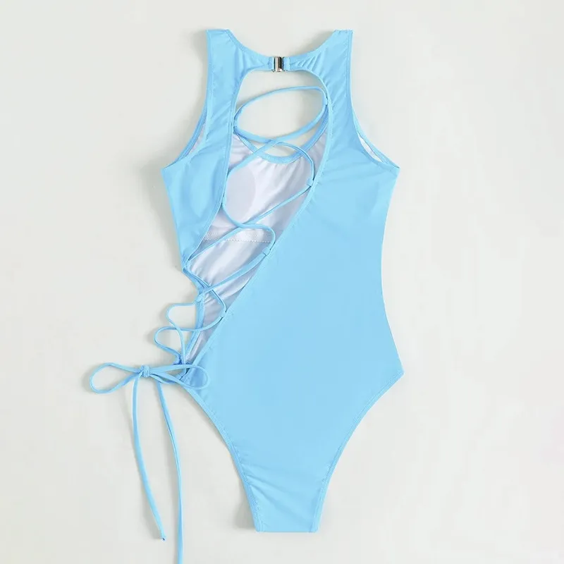 Women Sexy Solid Color Lace-Up One-Piece Swimsuit