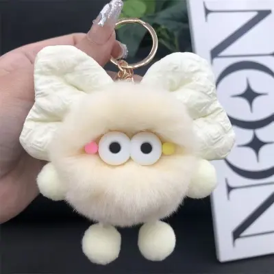 Women Fashion Cute Faux Rabbit Plush Bowknot Coal Ball Bag Keychains