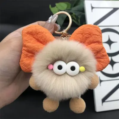 Women Fashion Cute Faux Rabbit Plush Bowknot Coal Ball Bag Keychains