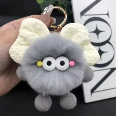 Women Fashion Cute Faux Rabbit Plush Bowknot Coal Ball Bag Keychains