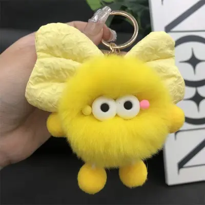 Women Fashion Cute Faux Rabbit Plush Bowknot Coal Ball Bag Keychains