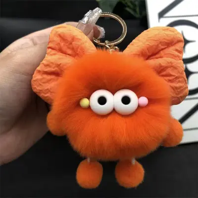 Women Fashion Cute Faux Rabbit Plush Bowknot Coal Ball Bag Keychains