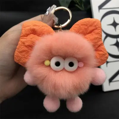 Women Fashion Cute Faux Rabbit Plush Bowknot Coal Ball Bag Keychains